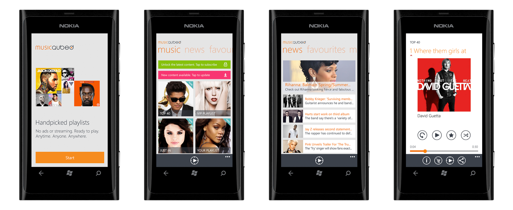 Three mockups of the music app in the Windows phone shell