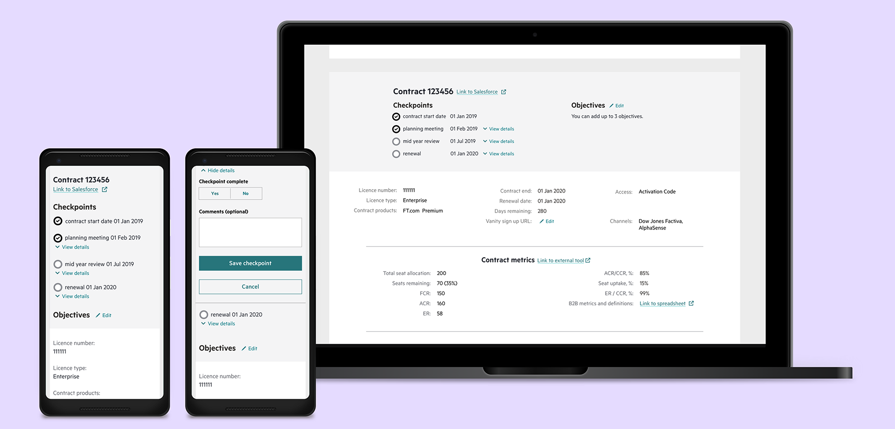 A mock up representing two mobile screens and one desktop screen.