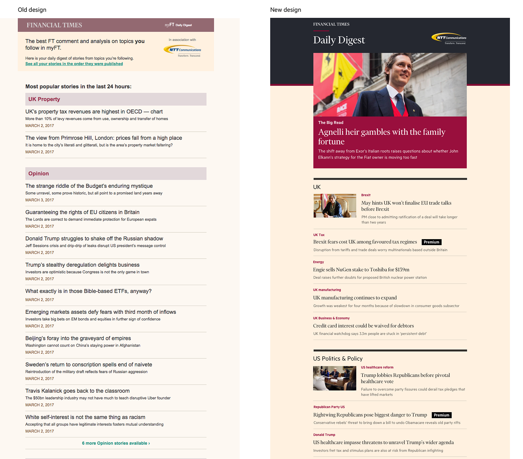 A mock up presenting an old design and new design of the myFT Digest. New design has
                              a big hero image and a smaller image in the first article of the topic. New design has also a better visual hierarchy and structure.