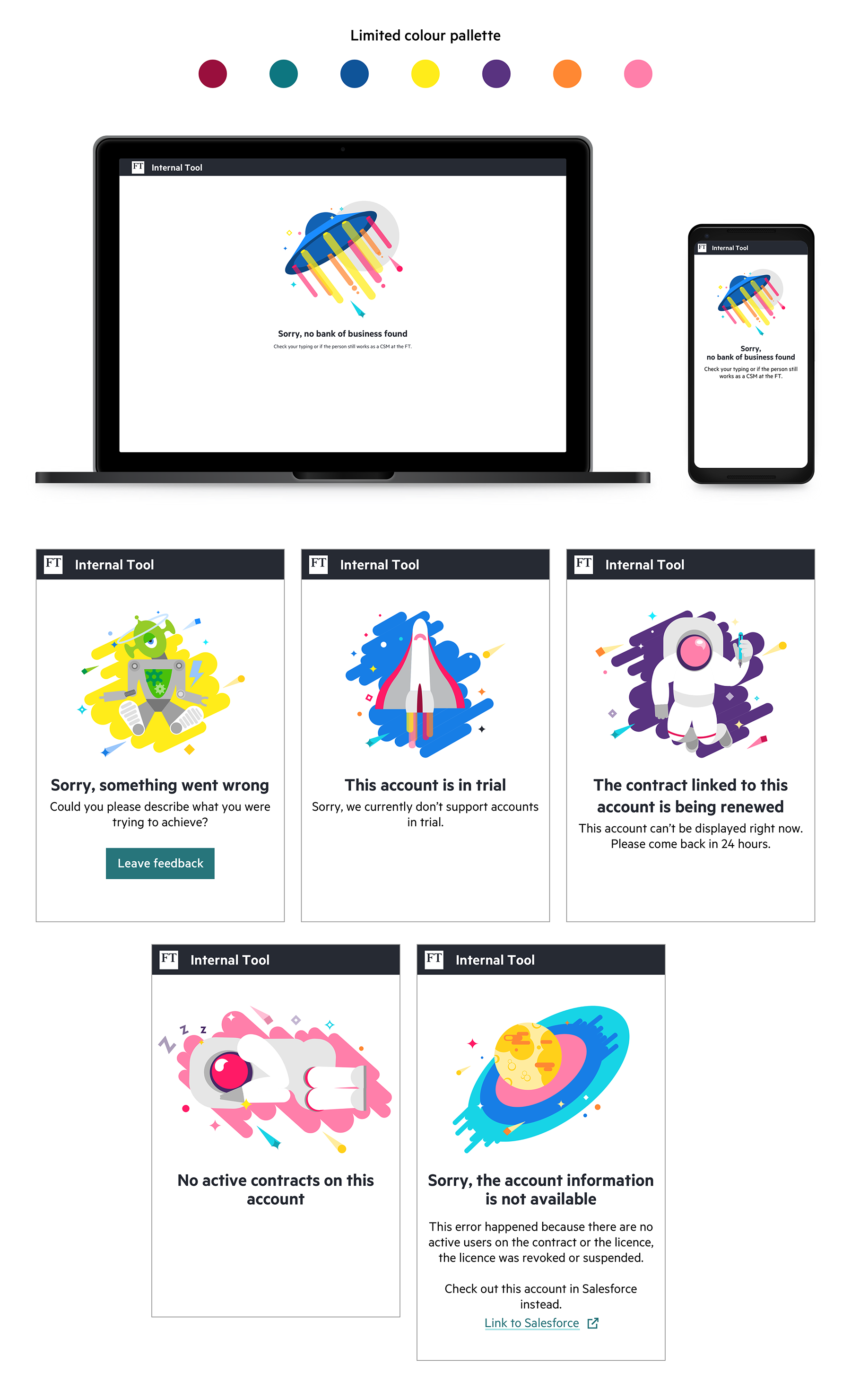 A mock up representing used colour pallette, illustrations in the mobile and laptop shells
                and the full set of the illustrations without the device shells.