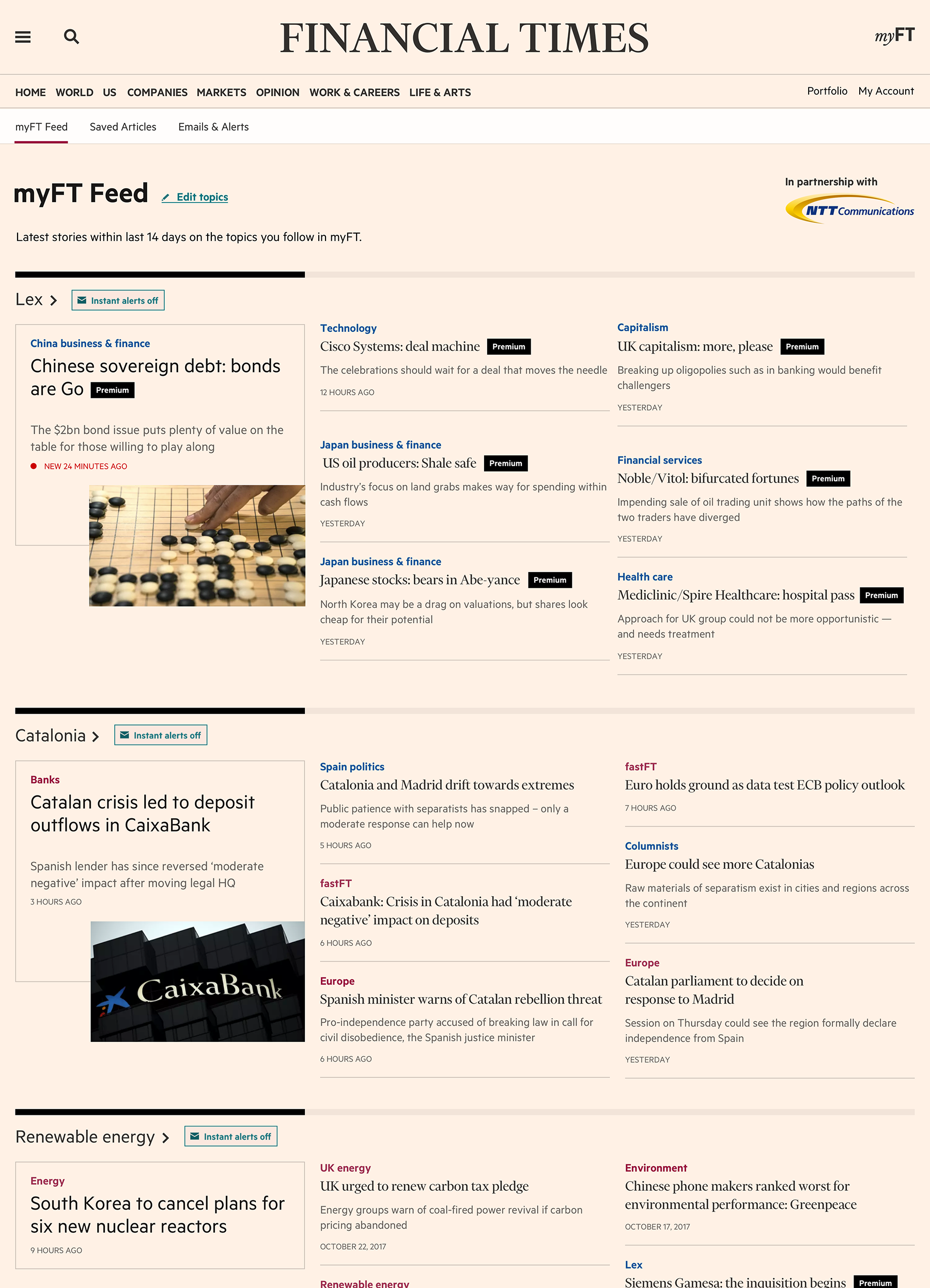 A new design of the myFT feed page that has 7 articles, each article includes
                  a topic, a header, a byline and a datestamp. First article also has an image.