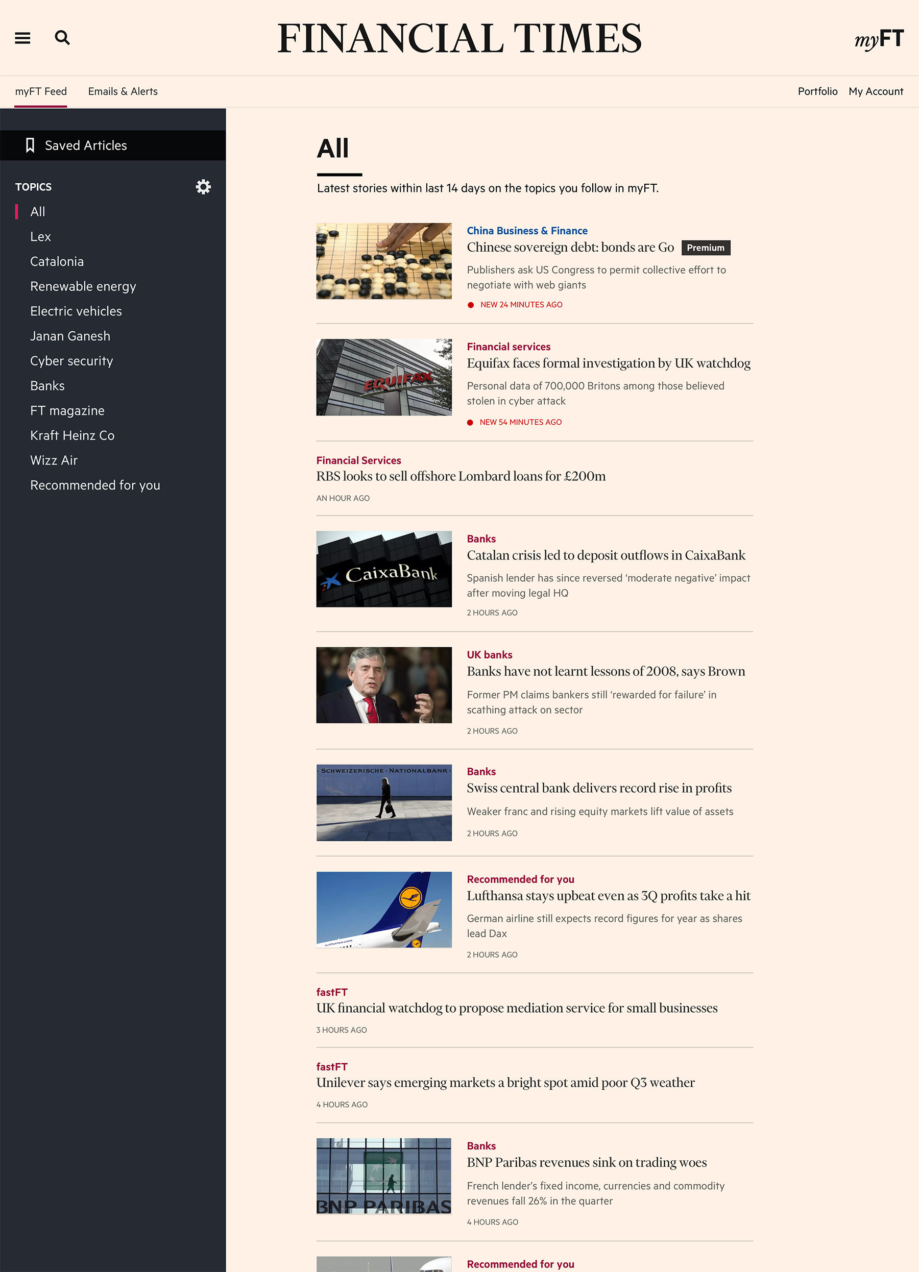 Another alternative design of the myFT feed page with the dark left navigation panel.
                  Users can select the topic in the navigation and see the feed of stories related to this topic on the right hand side.