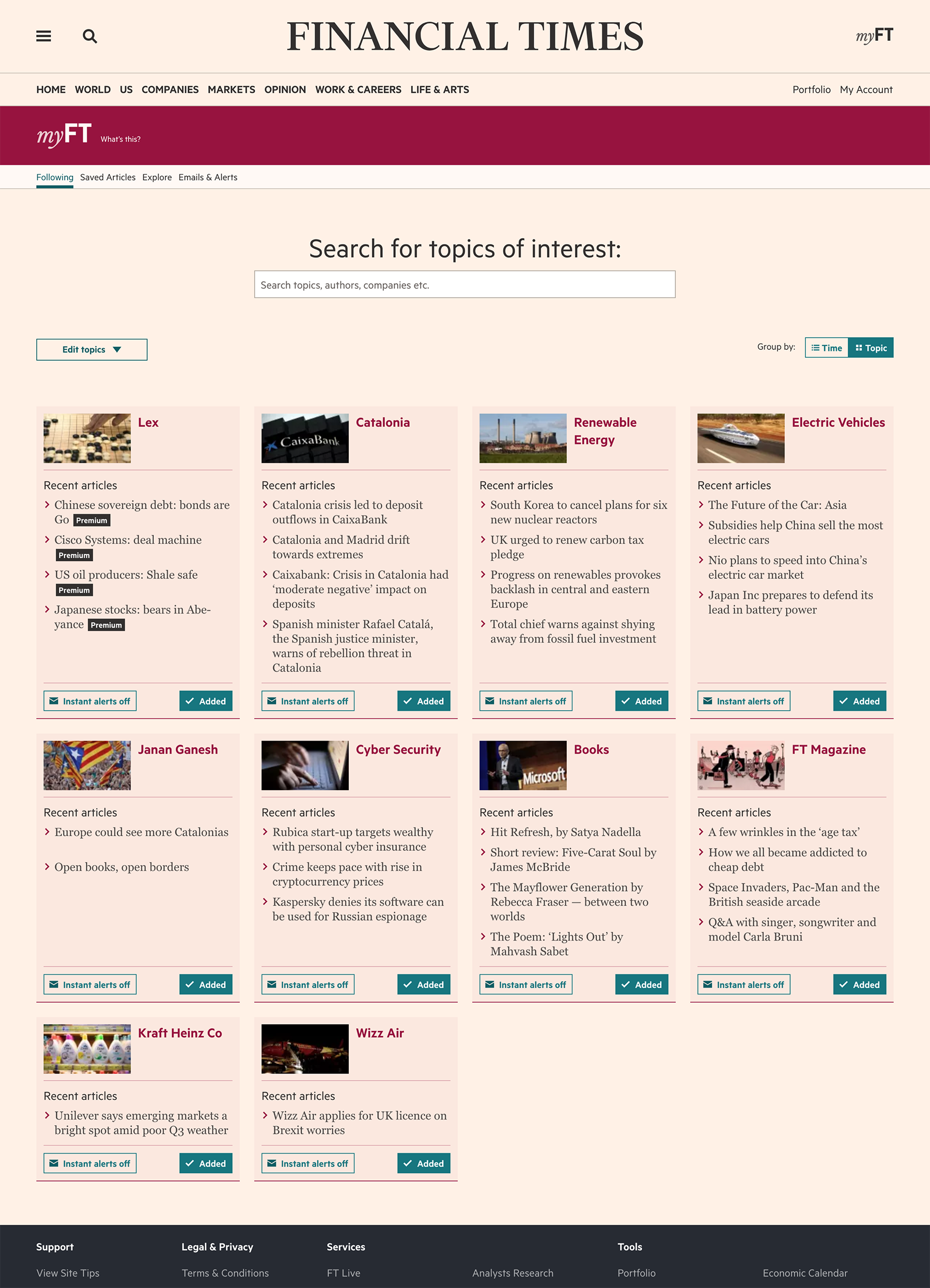 A screenshot of the myFT feed page that has cards
                  representing the topics users follow with the links to the articles inside