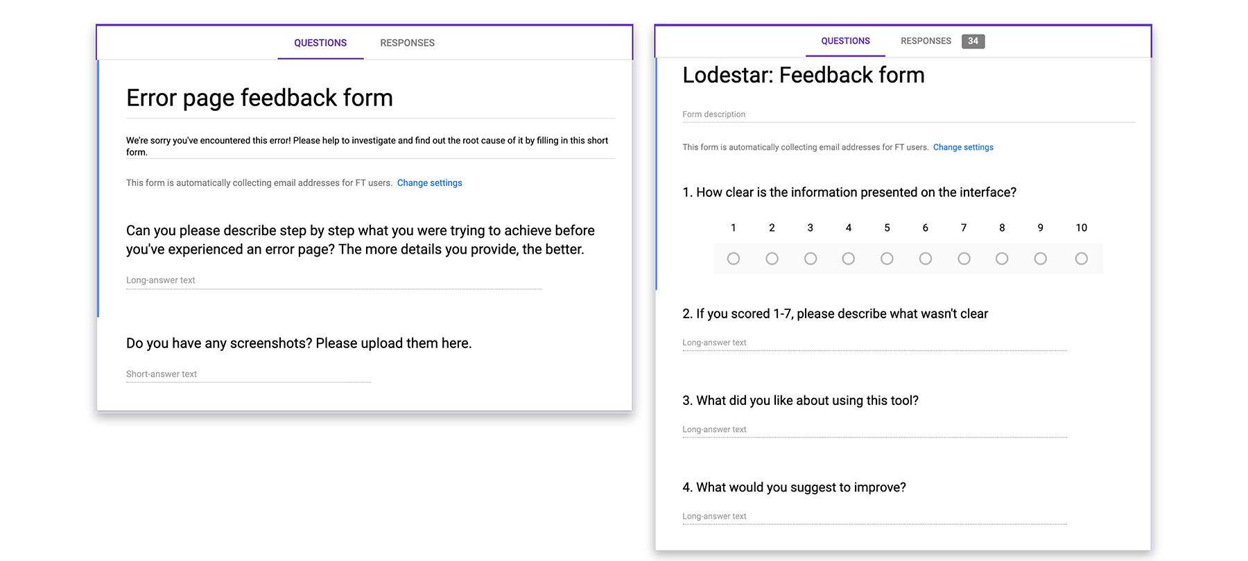 Screenshot of the forms used to collect feedback.