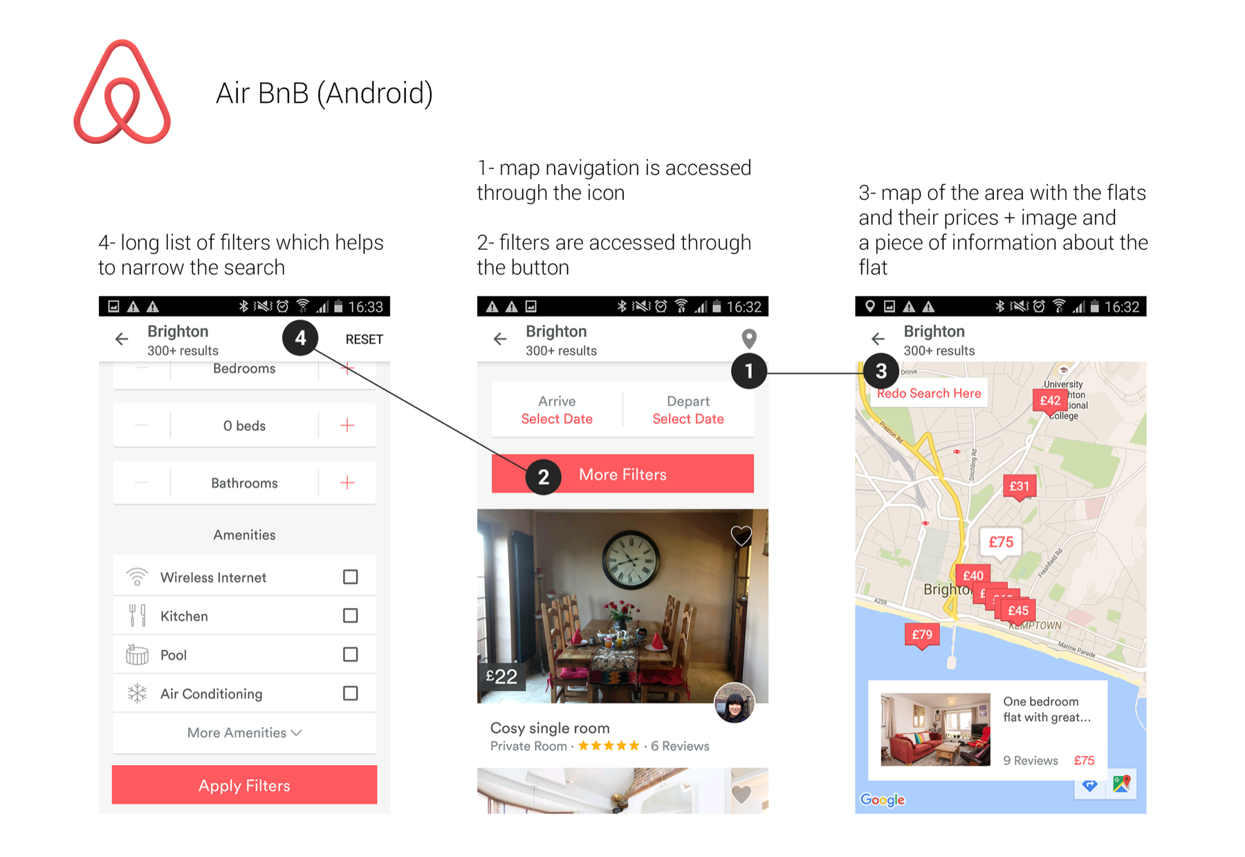 Screenshots from the AirBnB app on Android