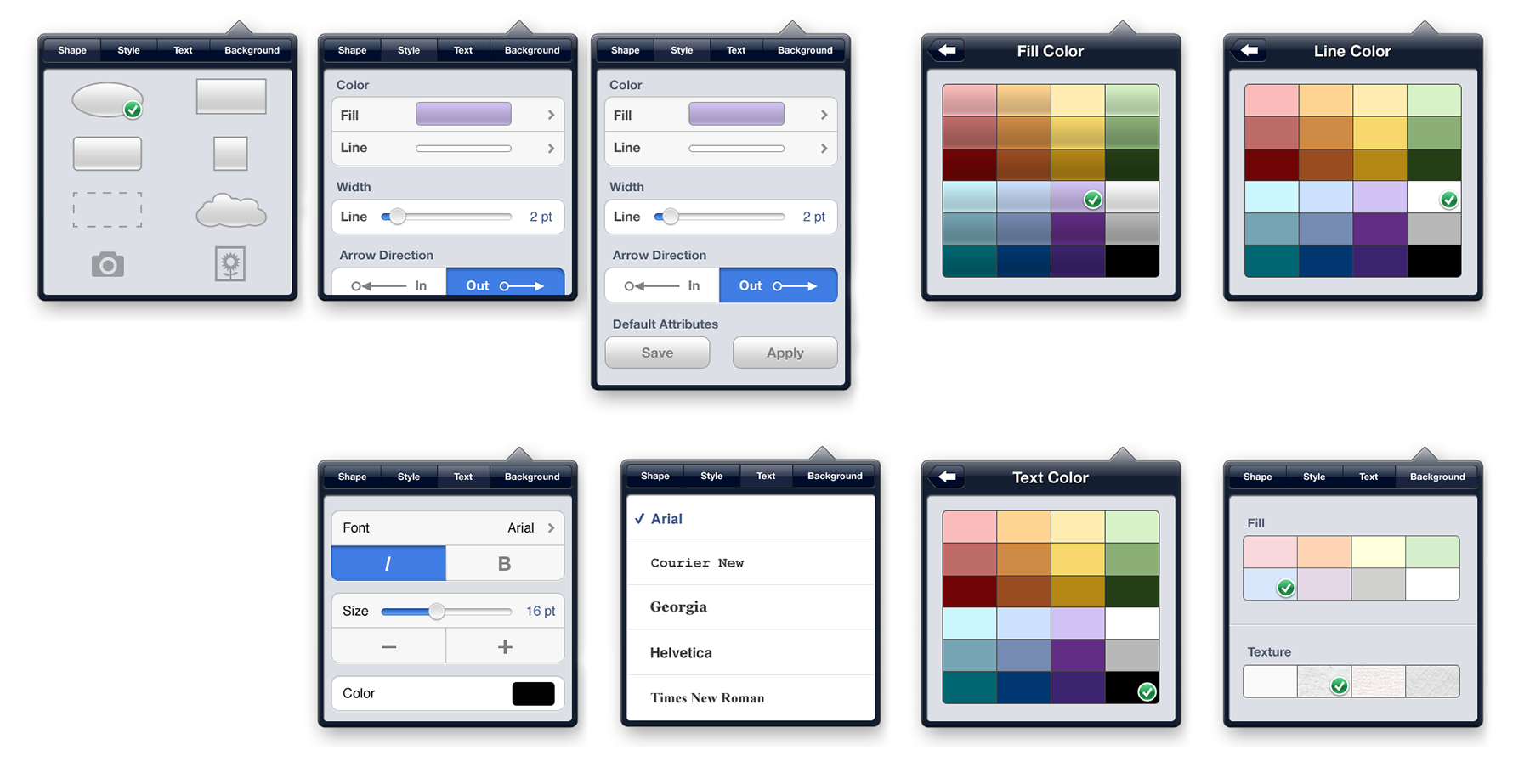 A mock up showing various types of the inspector component. 