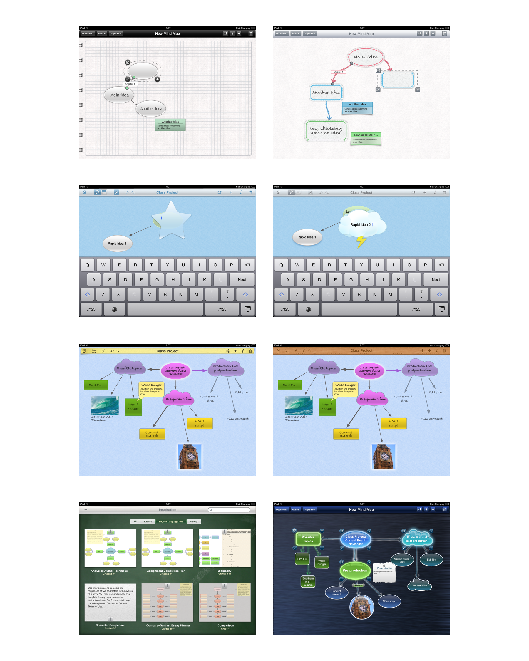 Variations of the visual design using different paper textures,
              navigation bar styled as a ruler or a glass pipe, various styling of the symbols. 