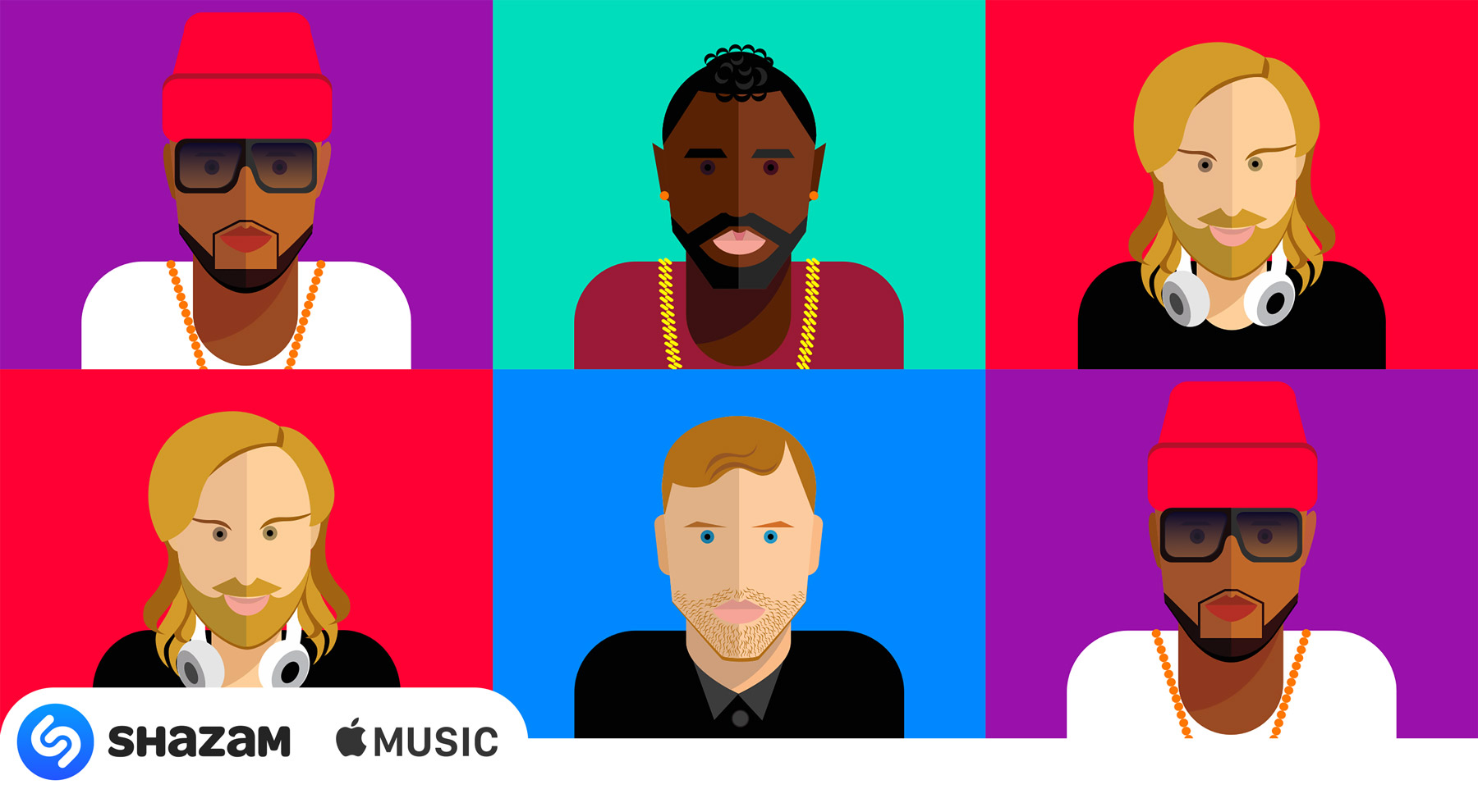 An illustration collage with the portraits of modern musical artists