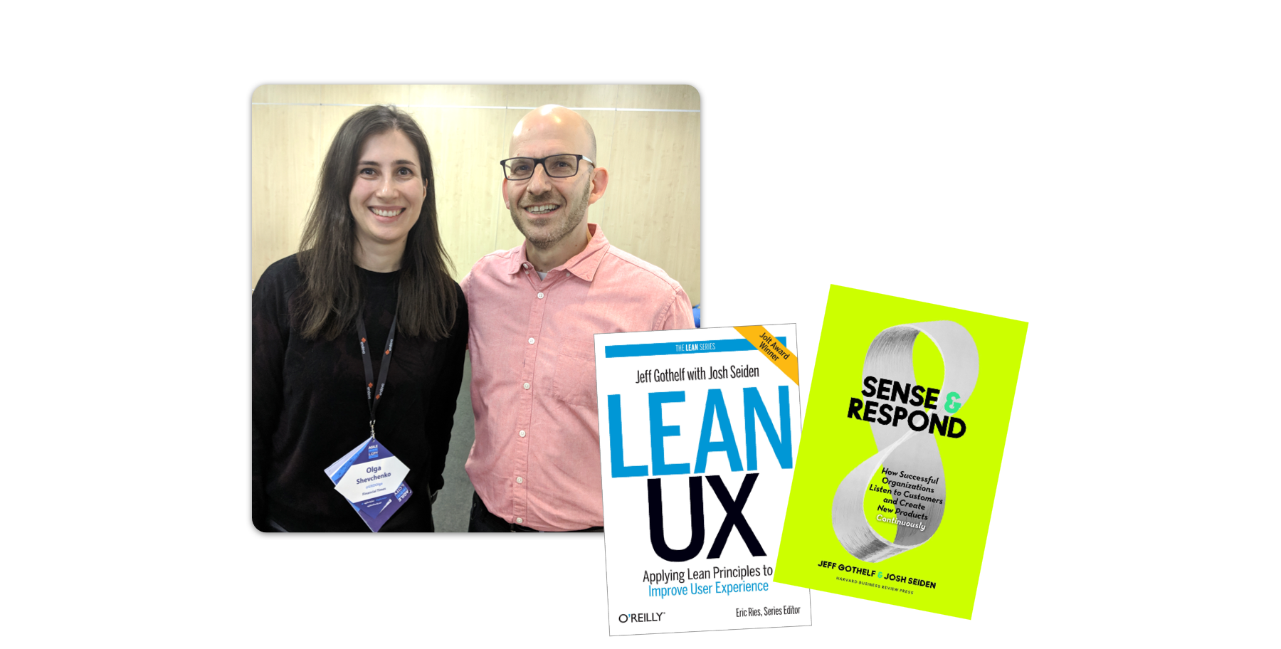 Photo of Olga and Jeff Gothelf at the conference Agile in the City: London in 2019