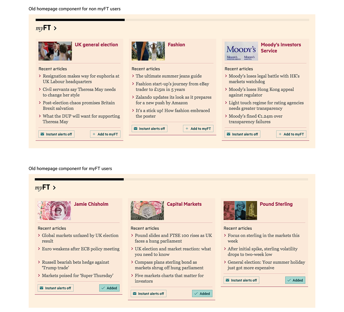 A screenshot of the old homepage
                component that has exactly the same design for myFT users and non-myFT users