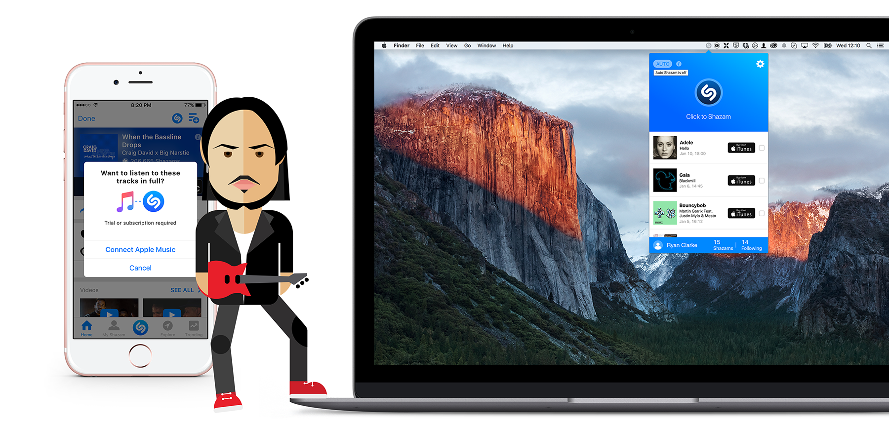 A mock up with the native iOS Shazam 
                app, a rock-star character in the middle and the desktop macOS Shazam app in the laptop device shell.