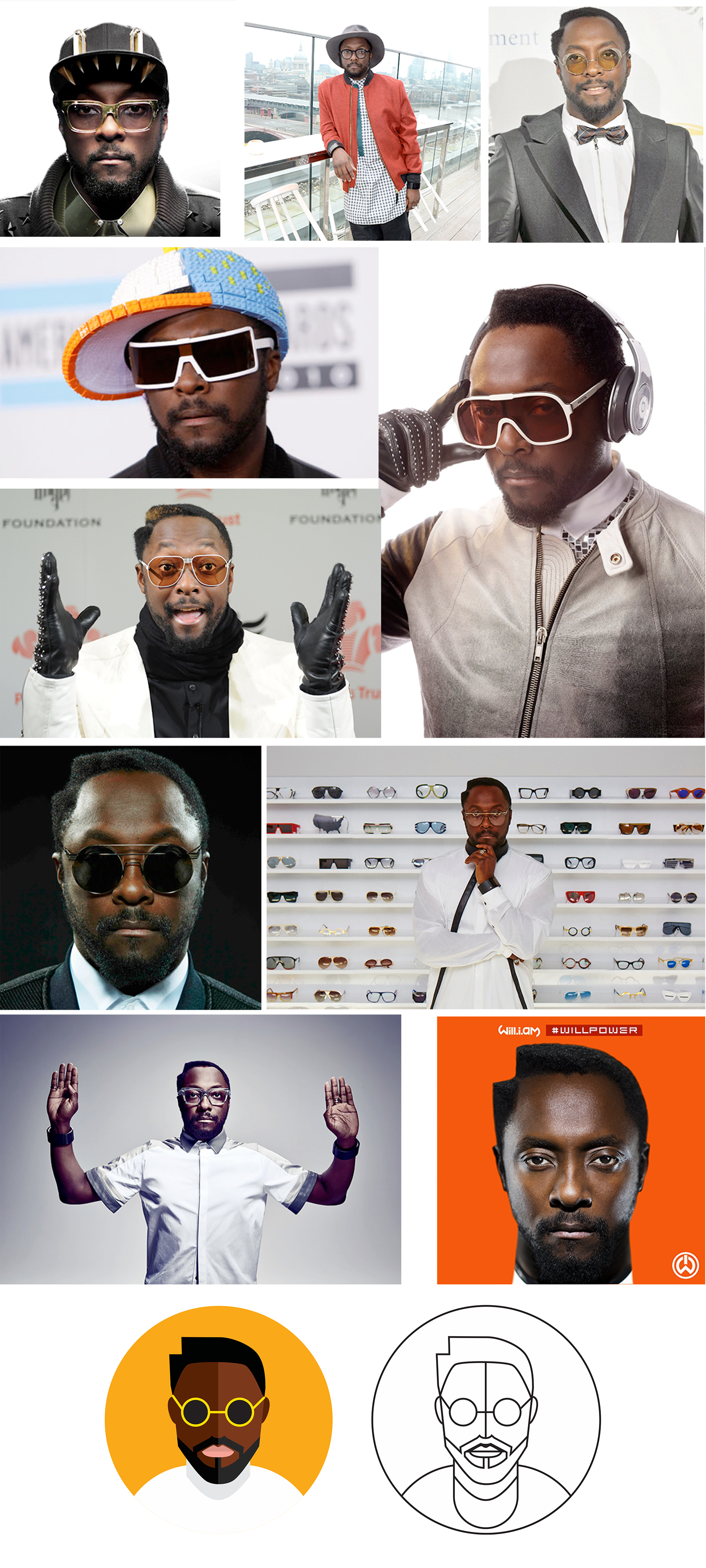 A set of photos, sketches and a final illustration of the musical artist Will.I.Am