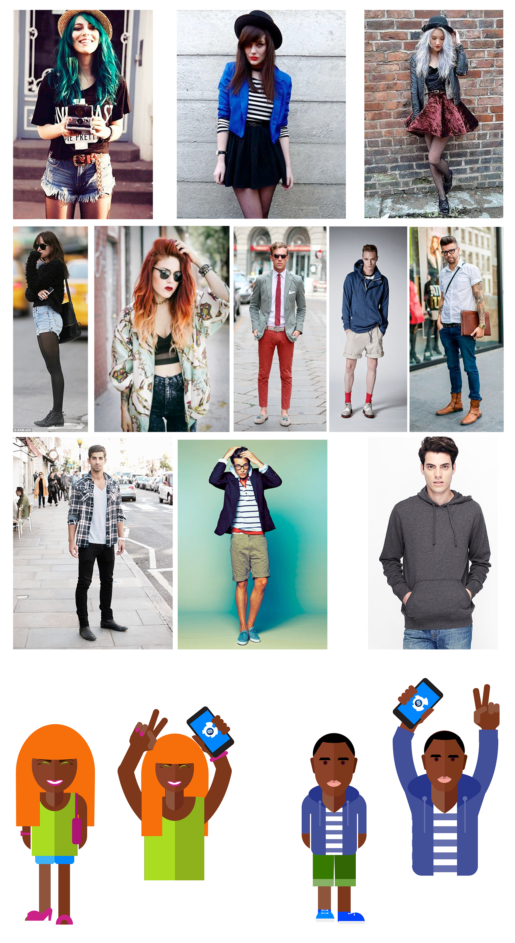 A set of photos and final
              illustrations of male and female pop artist charachters holding a mobile phone with the Shazam app.