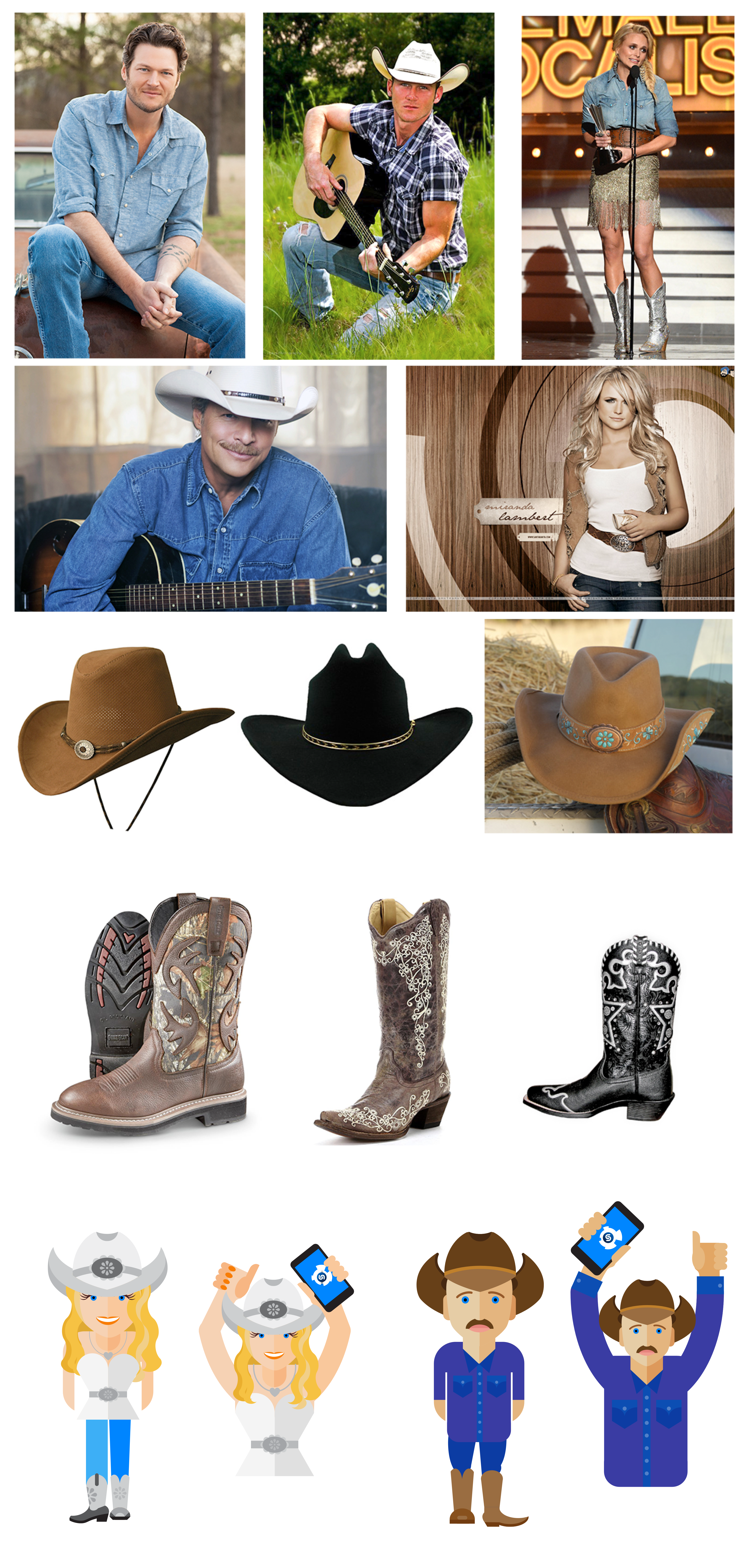 A set of photos and final
              illustrations of male and female country artist charachters holding a mobile phone with the Shazam app.