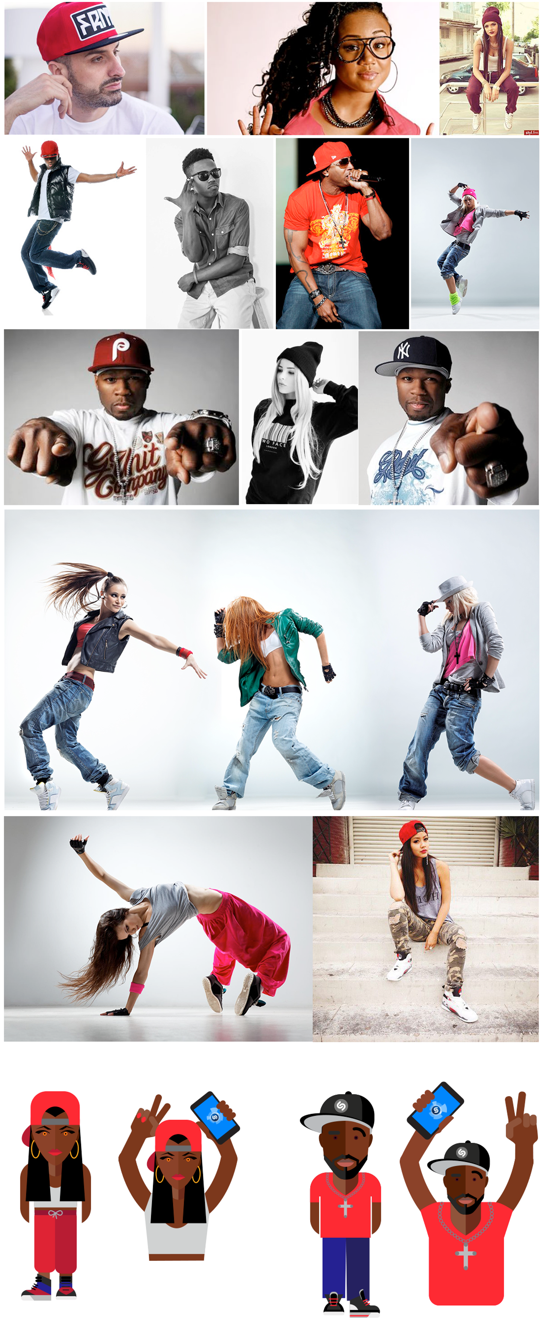 A set of photos and final
              illustrations of male and female hip-hop artist charachters holding a mobile phone with the Shazam app.