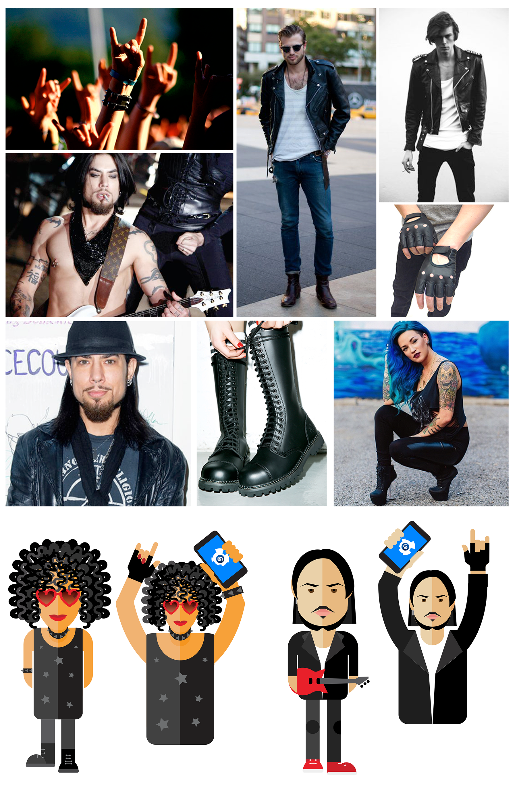 A set of photos and final
              illustrations of male and female rock artist charachters holding a mobile phone with the Shazam app.