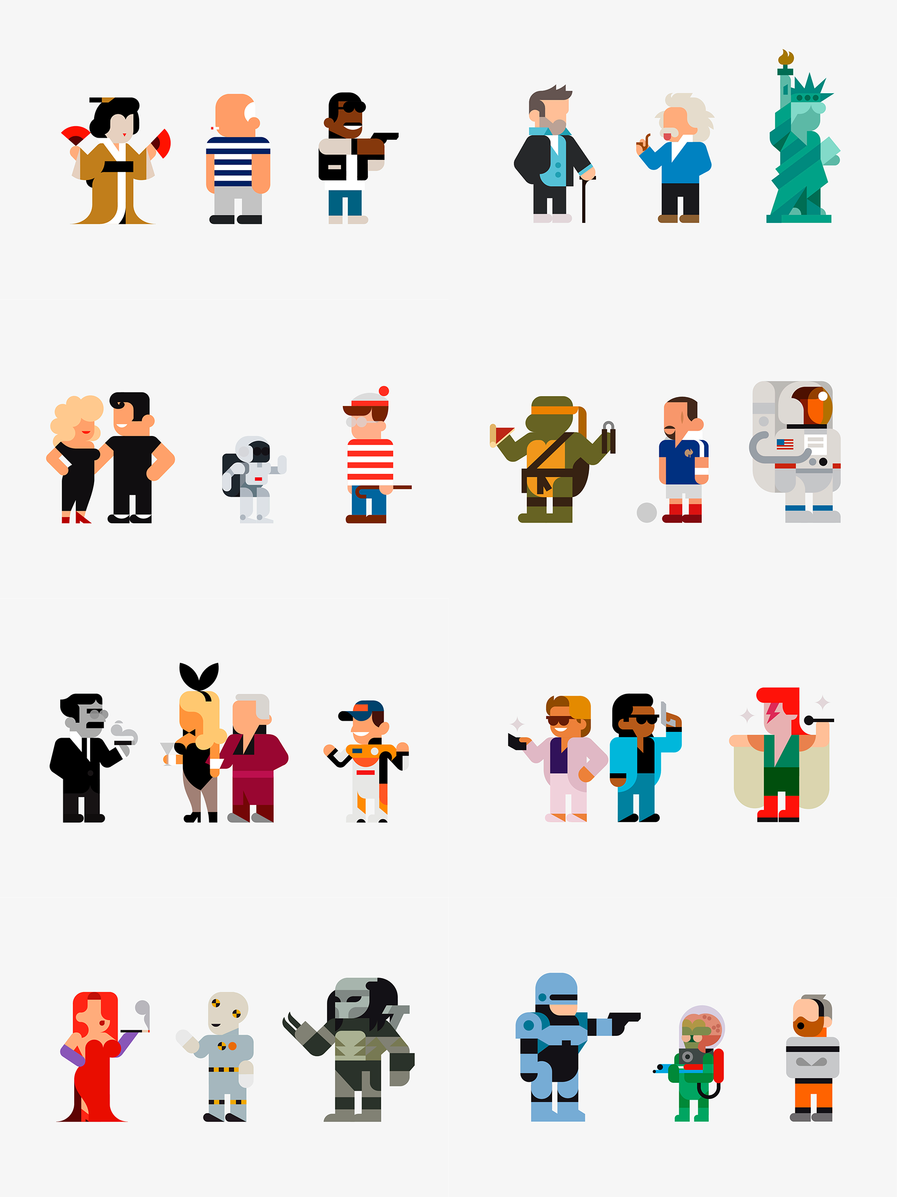 A screenshot with the minimalistic
              illustrations representing celebrities and public figures performed in one style.