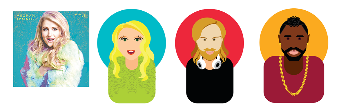 An image with the illustrations of
                  Meghan Trainor, Flo Rida and Jason Derulo