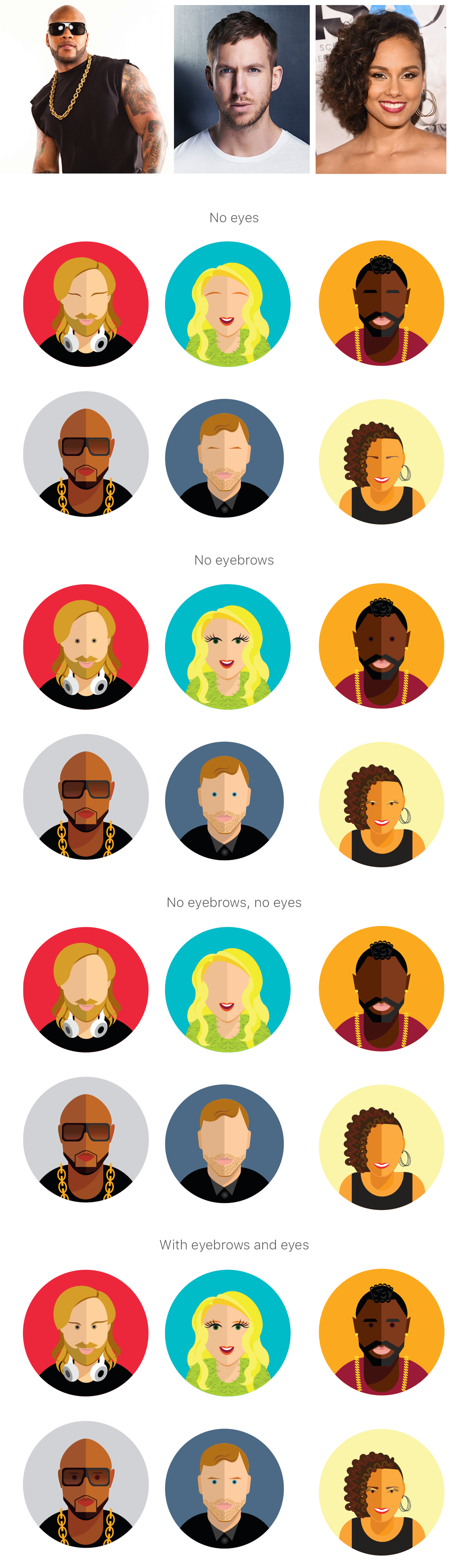 4 illustrations sets of David Guetta,
                  Meghan Trainor, Jason Derulo, Flo Rida, Calvin Harris and Alicia Keys.