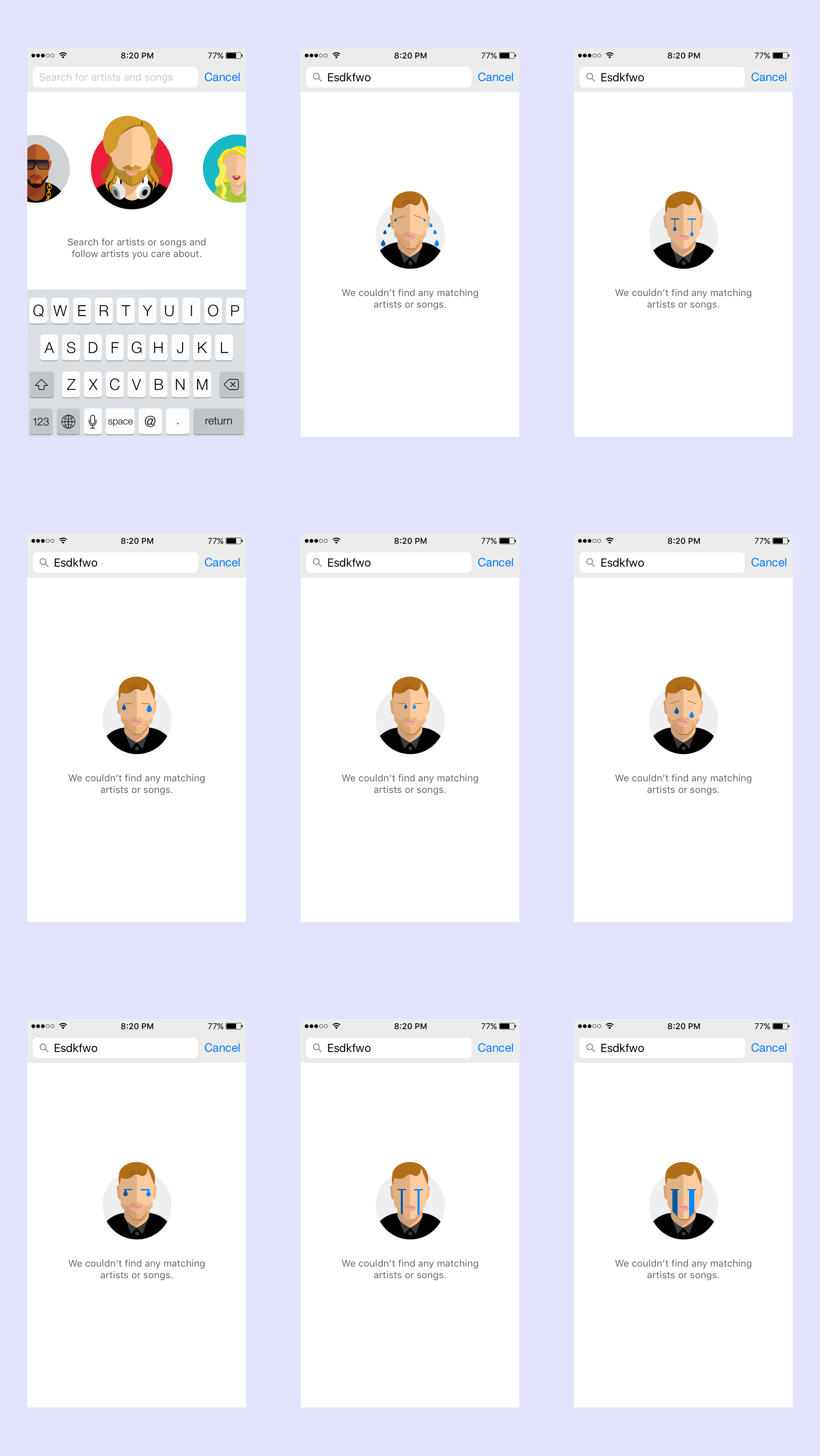 A set of designs for the empty state
              representing and artist that is crying because users can't find them.