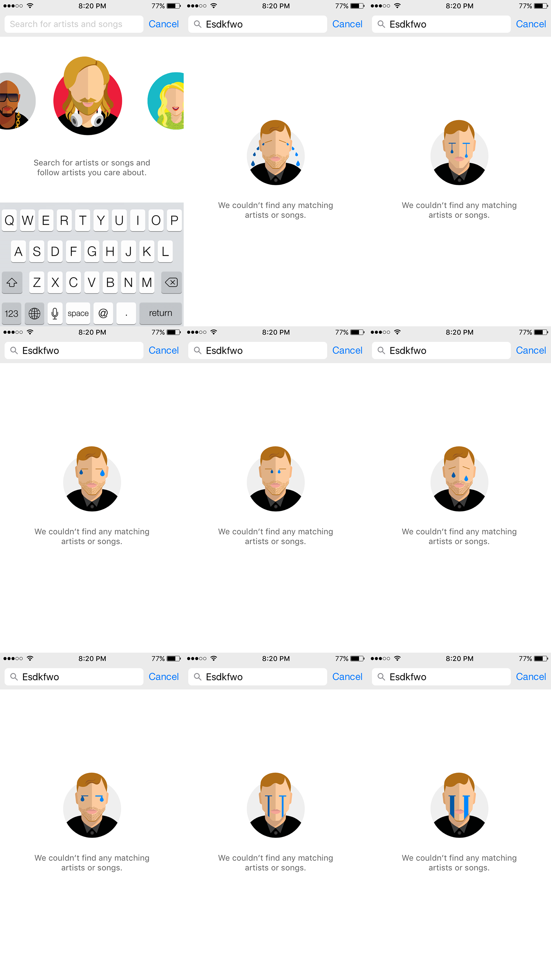 A set of designs for the empty state
              representing and artist that is crying because users can't find them.