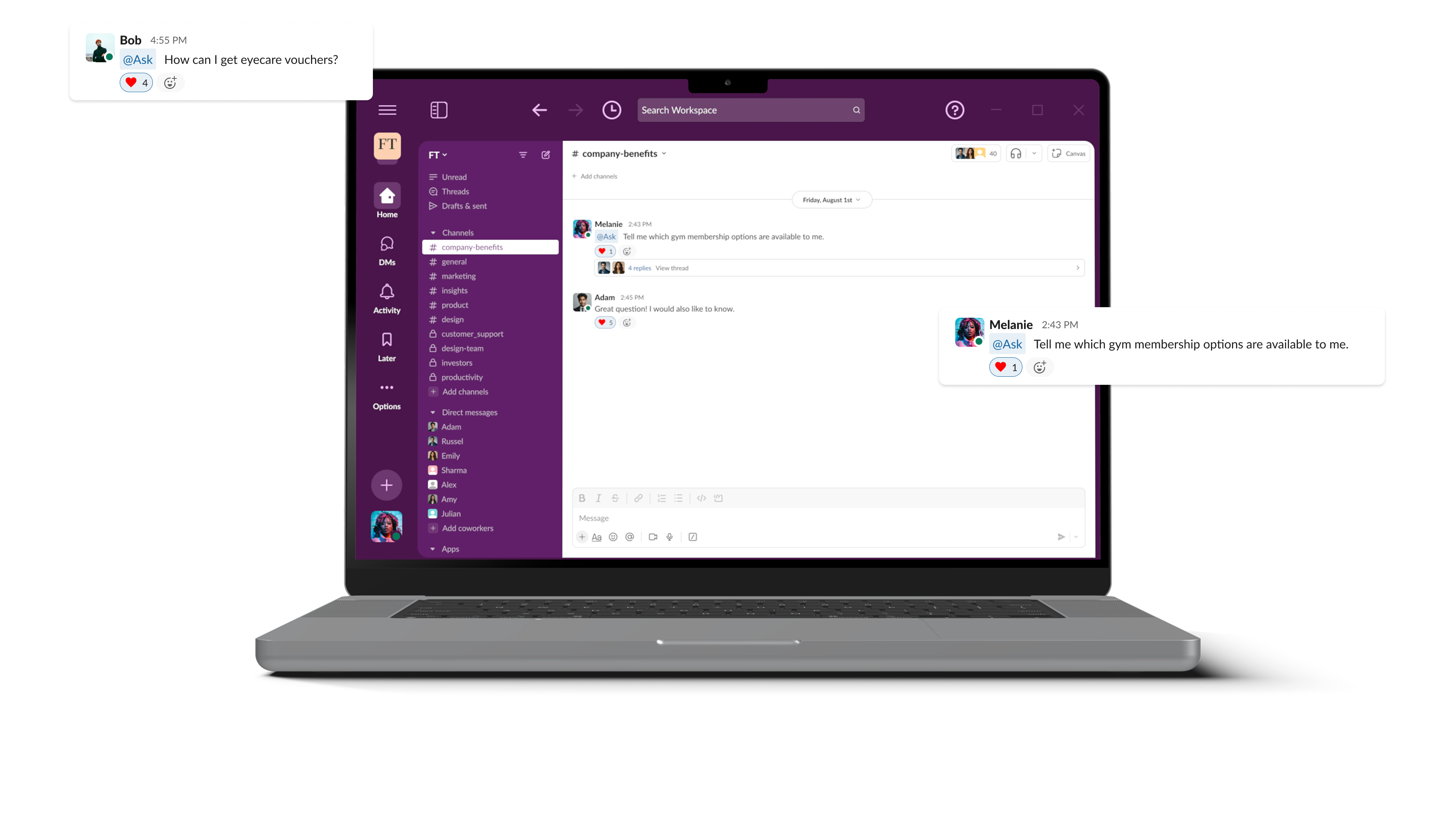 Slack on laptop screen.