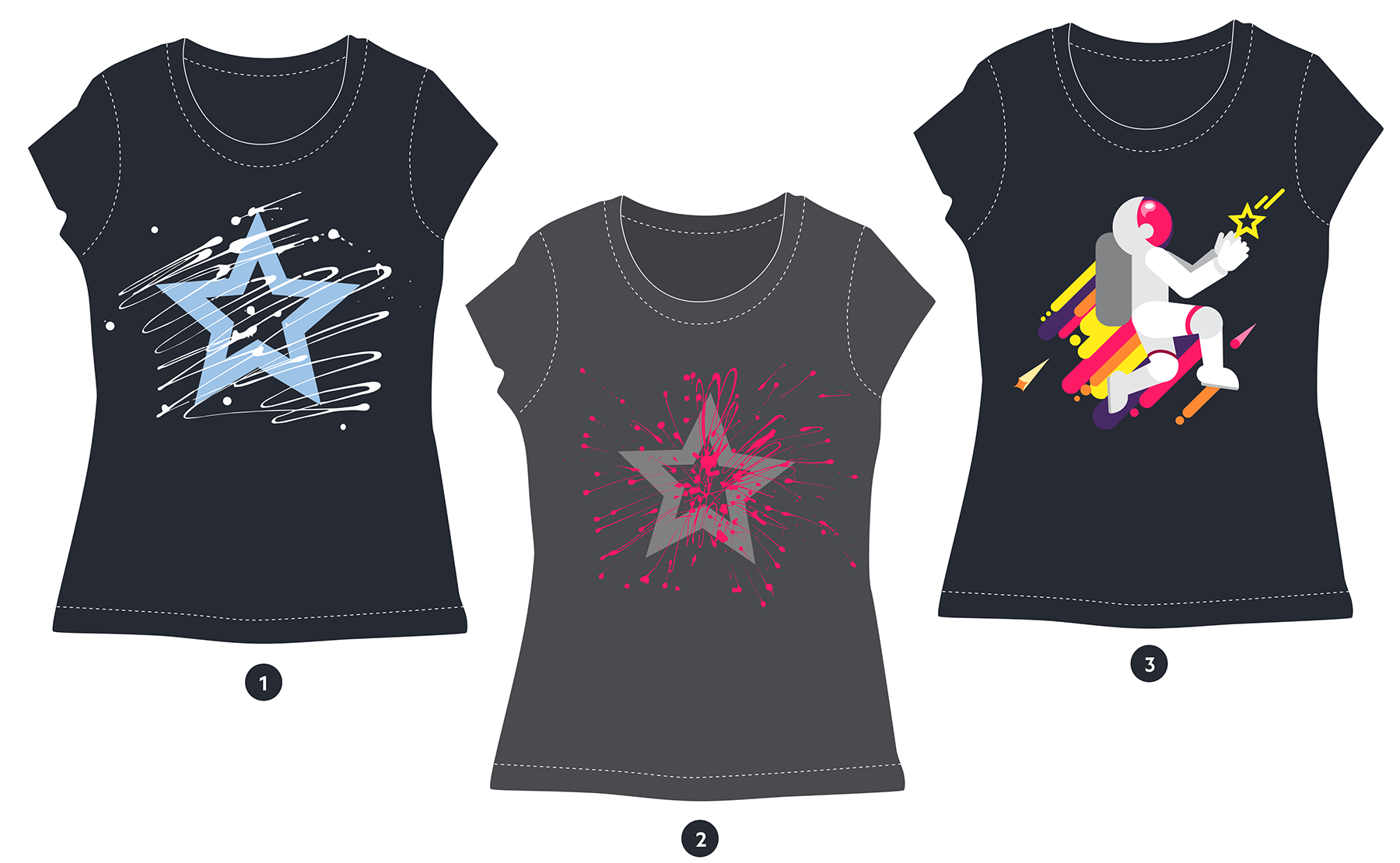 Three variants of the T-shirt print. Two variants have a big star in 
                 the middle with the paint splashes and a third option has an illustration with the astronaut.